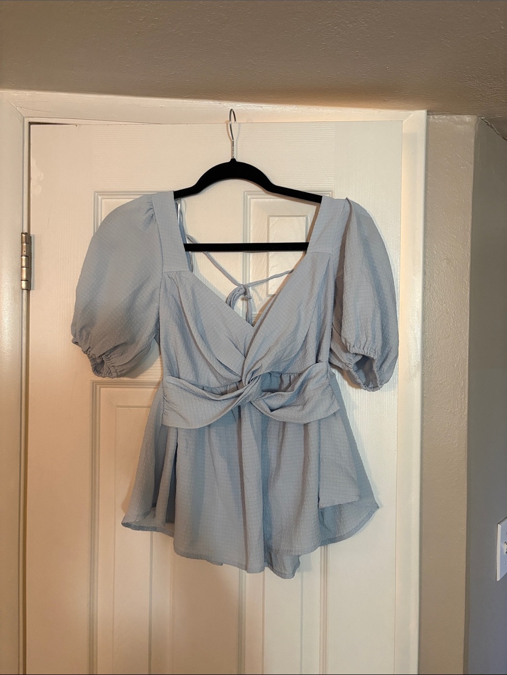 Light Blue Puff Sleeve low back Women's Top